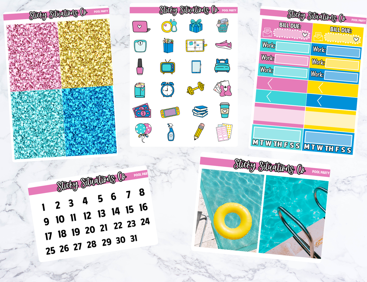 Pool Party Full Vertical Planner Sticker Kit – Fun and Bright Matte Stickers for Weekly Layouts | Perfect for Summer Planning