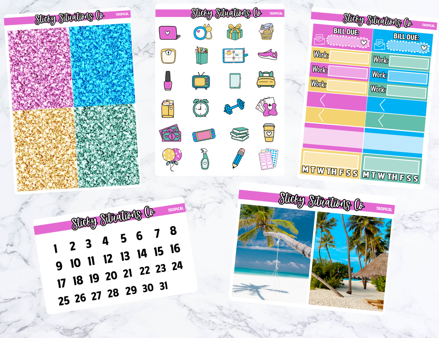 Tropical Full Vertical Planner Sticker Kit – Fun and Bright Matte Stickers for Weekly Layouts | Perfect for Summer Planning