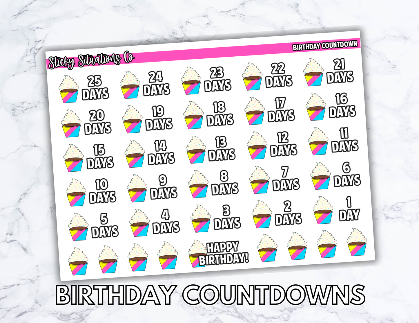 Birthday Countdown Planner Sticker Sheet – Functional & Decorative Stickers for All Planners | Matte Paper, Easy to Use