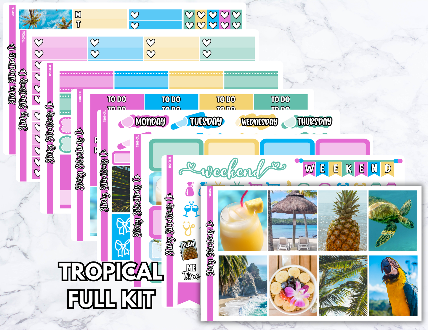 Tropical Full Vertical Planner Sticker Kit – Fun and Bright Matte Stickers for Weekly Layouts | Perfect for Summer Planning