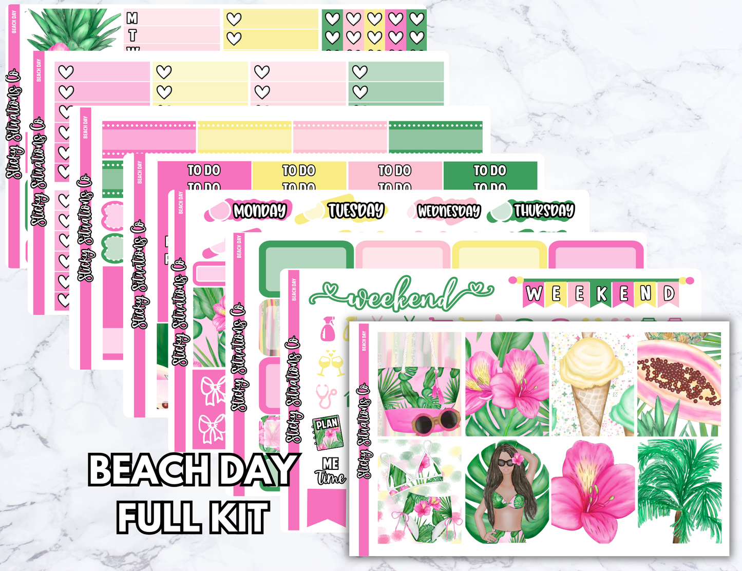 Beach Day Full Vertical Planner Sticker Kit – Fun and Bright Matte Stickers for Weekly Layouts | Perfect for Summer Planning