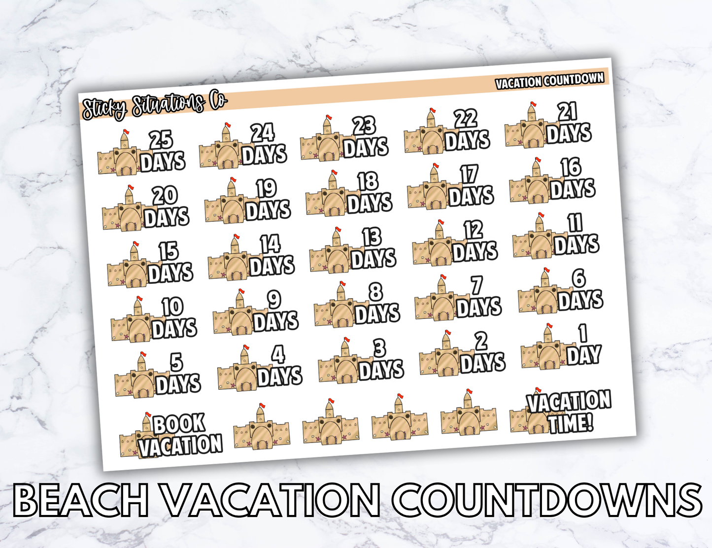 Beach Vacation Countdown Planner Sticker Sheet – Functional & Decorative Stickers for All Planners | Matte Paper, Easy to Use