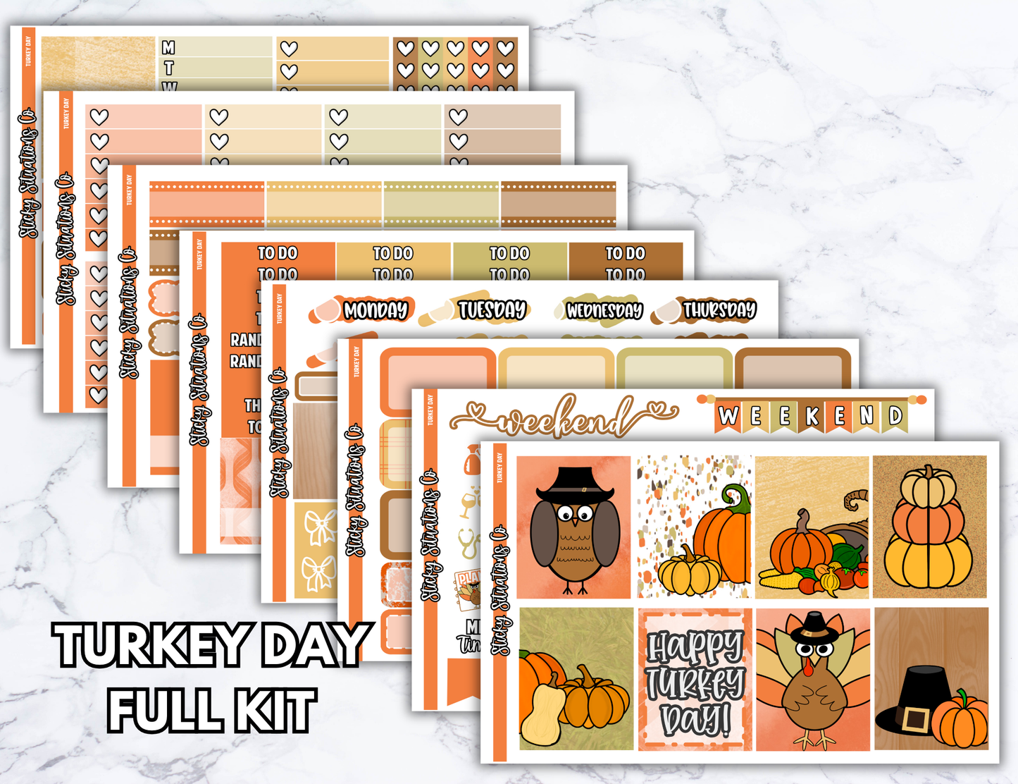 Turkey Day Full Vertical Planner Sticker Kit – Fun and Bright Matte Stickers for Weekly Layouts | Perfect for Thanksgiving Planning