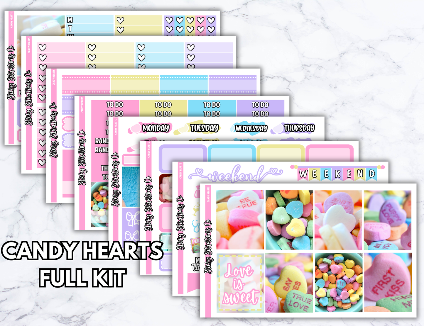 Candy Hearts Full Vertical Planner Sticker Kit – Fun and Bright Matte Stickers for Weekly Layouts | Perfect for Valentine's Day Planning