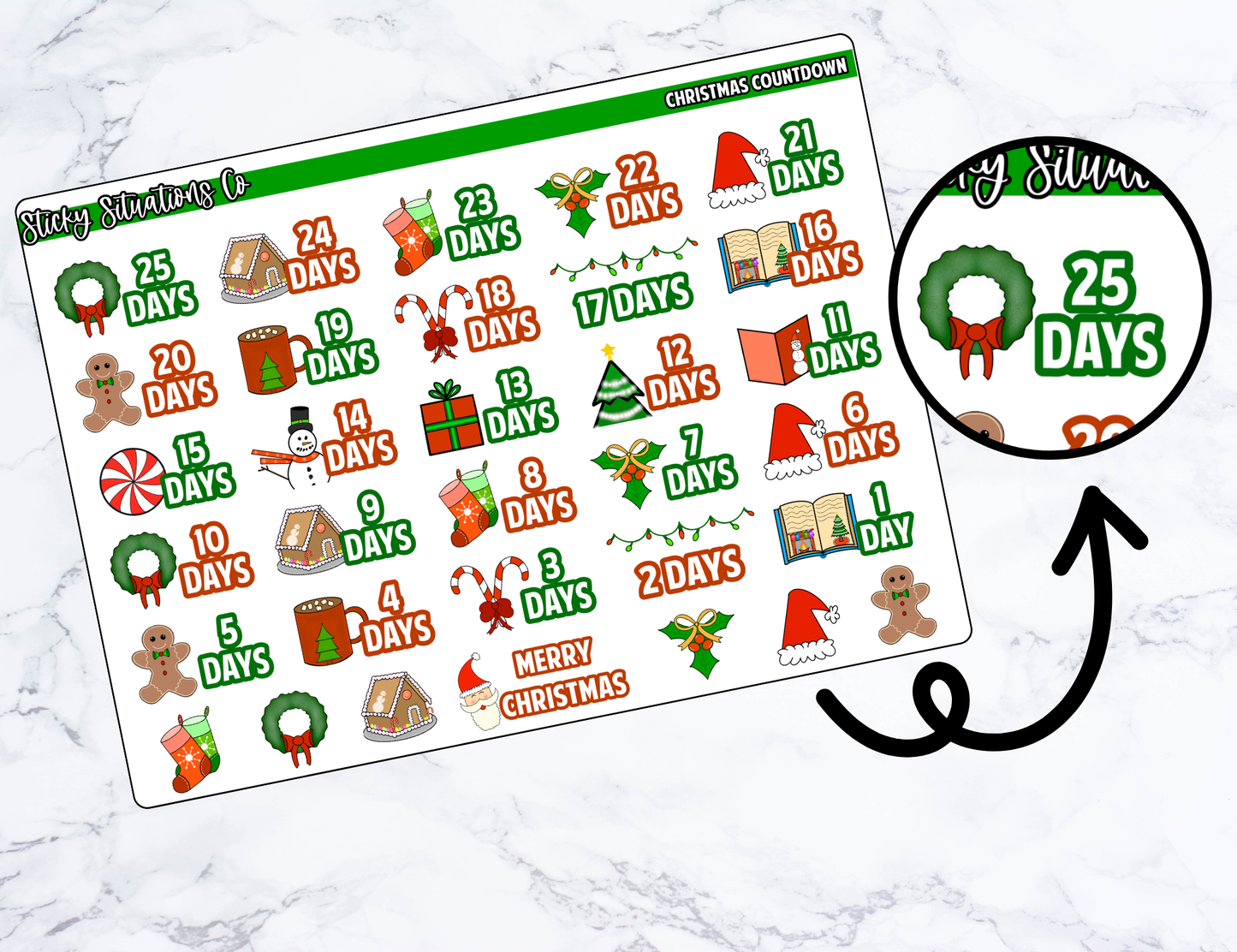 Christmas Countdown Planner Sticker Sheet – Functional & Decorative Stickers for All Planners | Matte Paper, Easy to Use