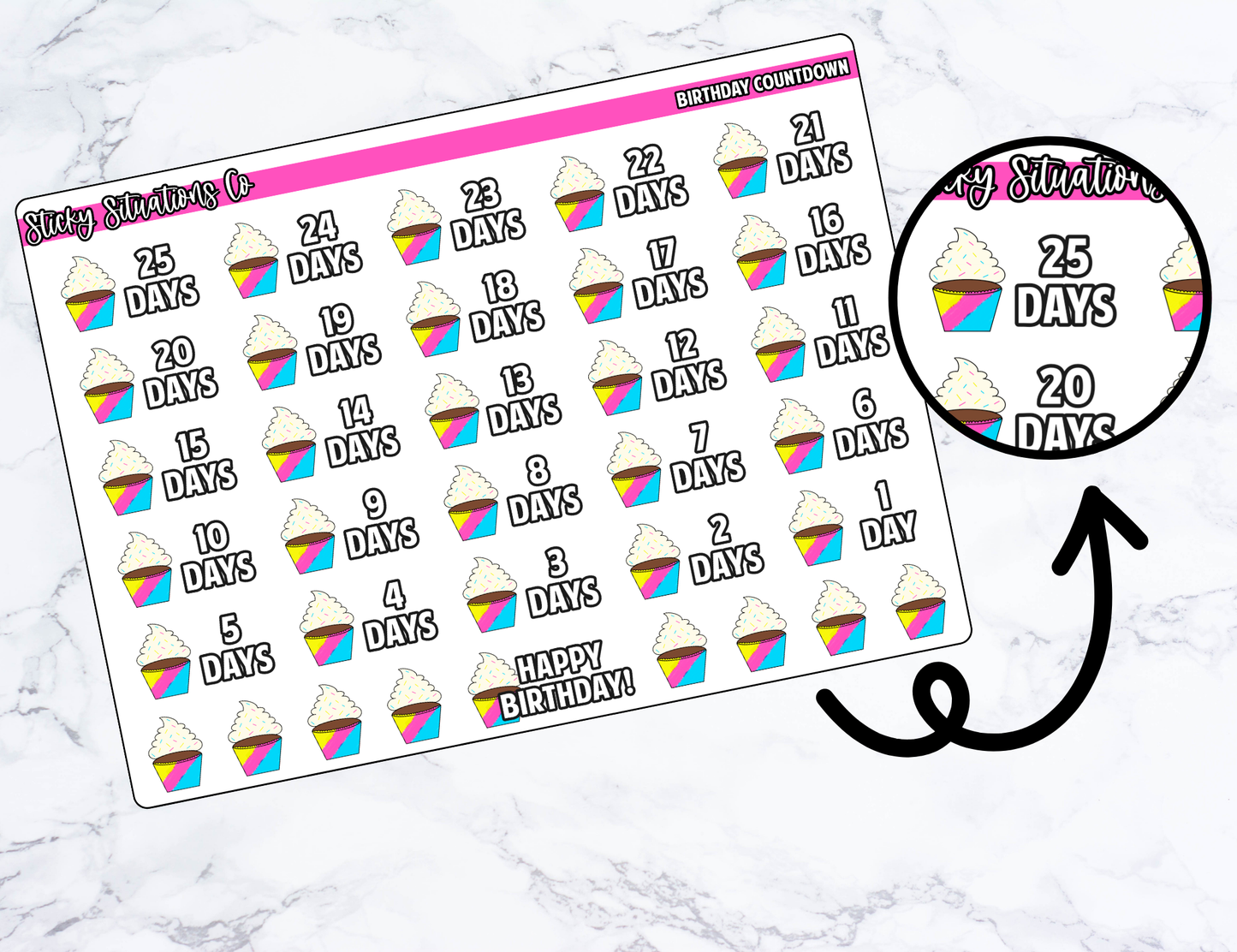 Birthday Countdown Planner Sticker Sheet – Functional & Decorative Stickers for All Planners | Matte Paper, Easy to Use