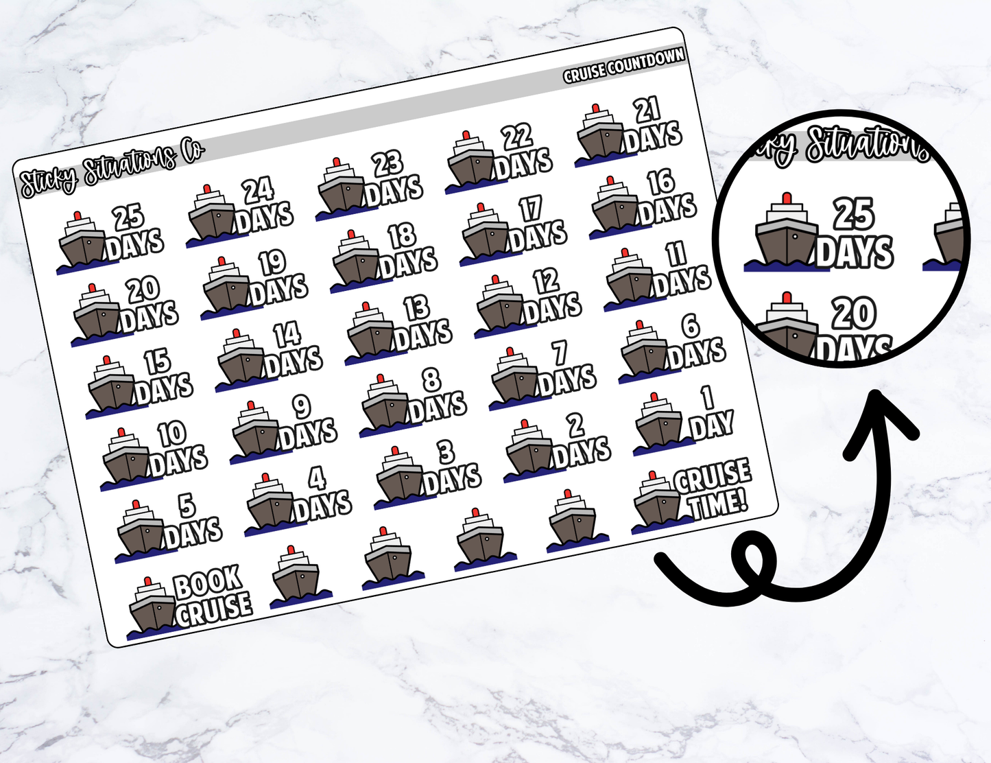 Cruise Countdown Planner Sticker Sheet – Functional & Decorative Stickers for All Planners | Matte Paper, Easy to Use