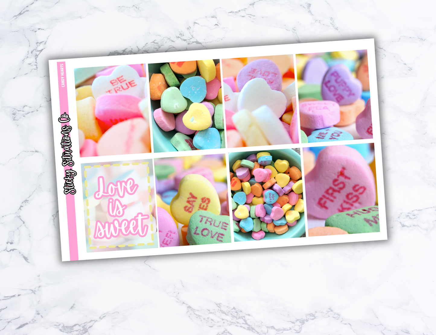 Candy Hearts Full Vertical Planner Sticker Kit – Fun and Bright Matte Stickers for Weekly Layouts | Perfect for Valentine's Day Planning