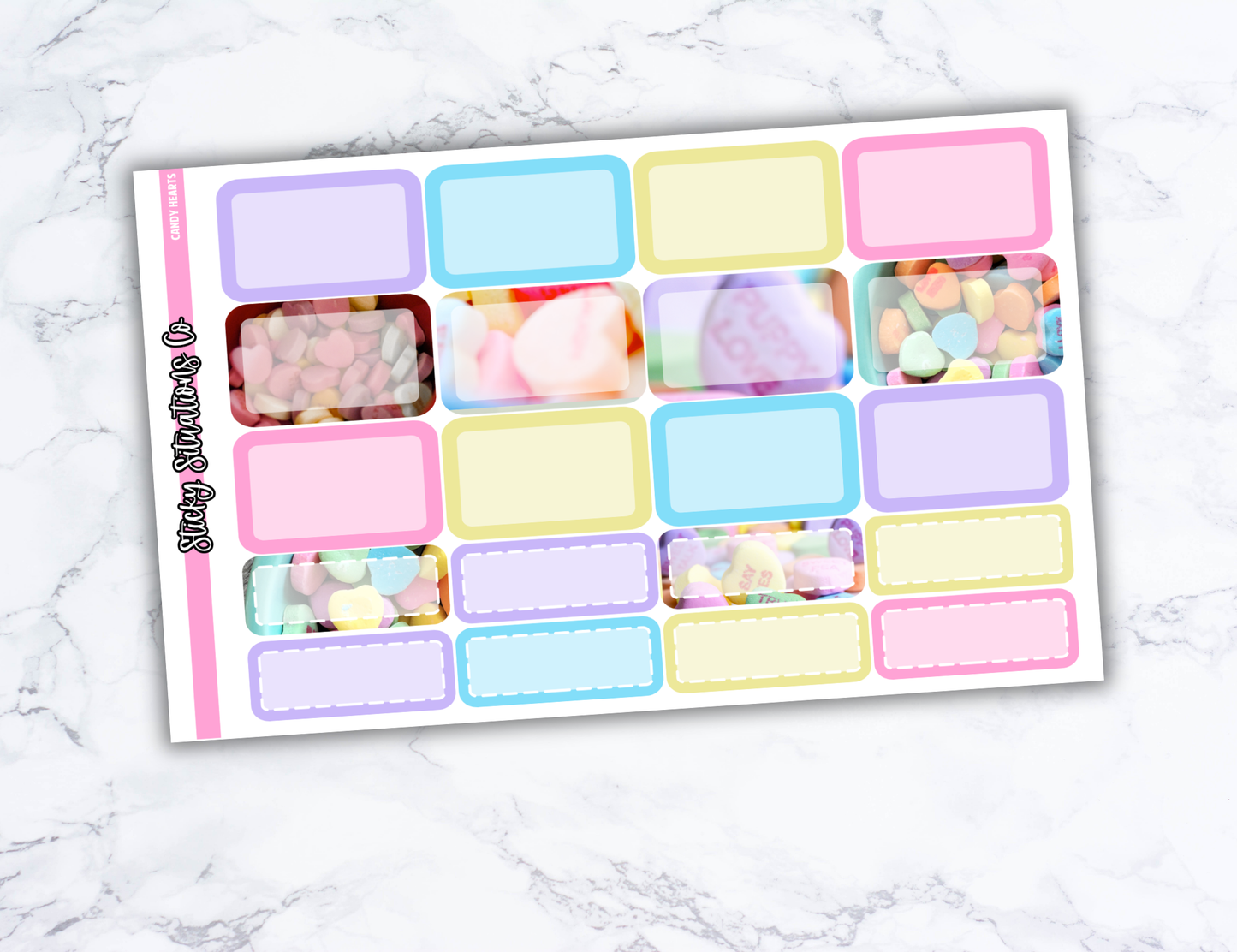 Candy Hearts Full Vertical Planner Sticker Kit – Fun and Bright Matte Stickers for Weekly Layouts | Perfect for Valentine's Day Planning