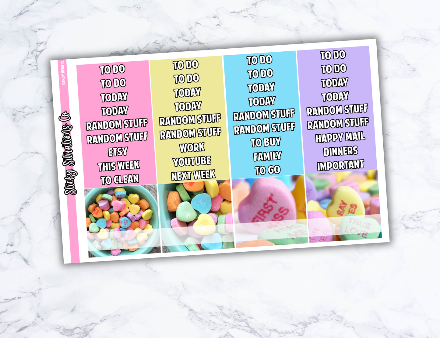 Candy Hearts Full Vertical Planner Sticker Kit – Fun and Bright Matte Stickers for Weekly Layouts | Perfect for Valentine's Day Planning