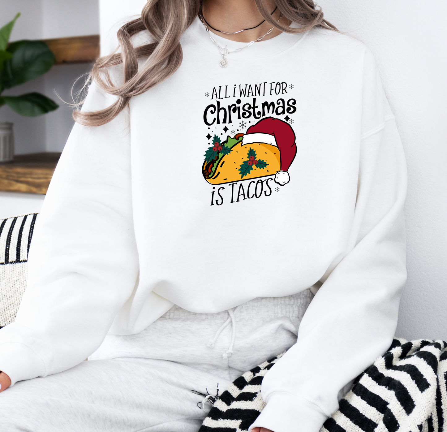 All I Want For Christmas Is Tacos | Gildan G180 Heavy Blend Fleece Crew with DTF Transfer Design