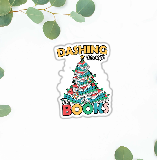 Dashing Through The Books Vinyl Sticker | Water-Resistant Vinyl Sticker | Durable, High-Quality Self-Adhesive