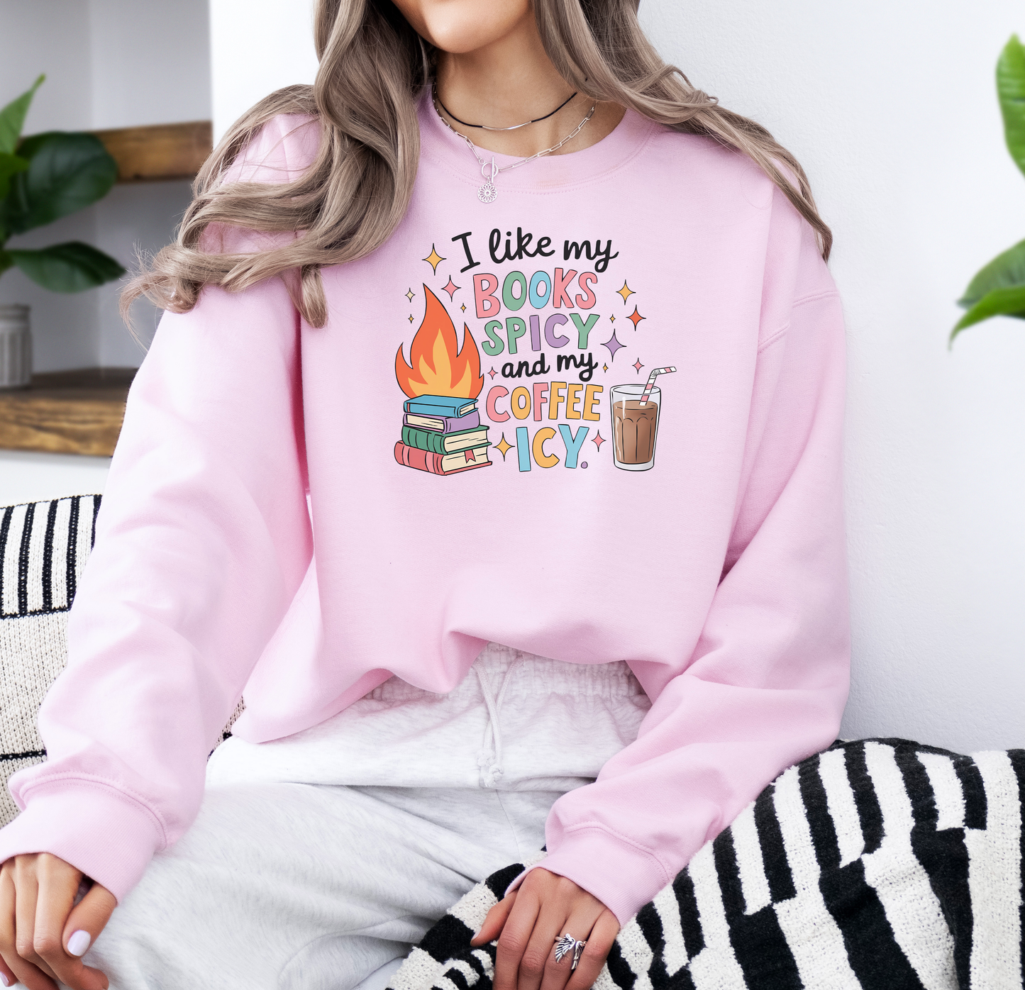 I Like My Books Spicy and My Coffee Icy | Gildan G180 Heavy Blend Fleece Crew with DTF Transfer Design