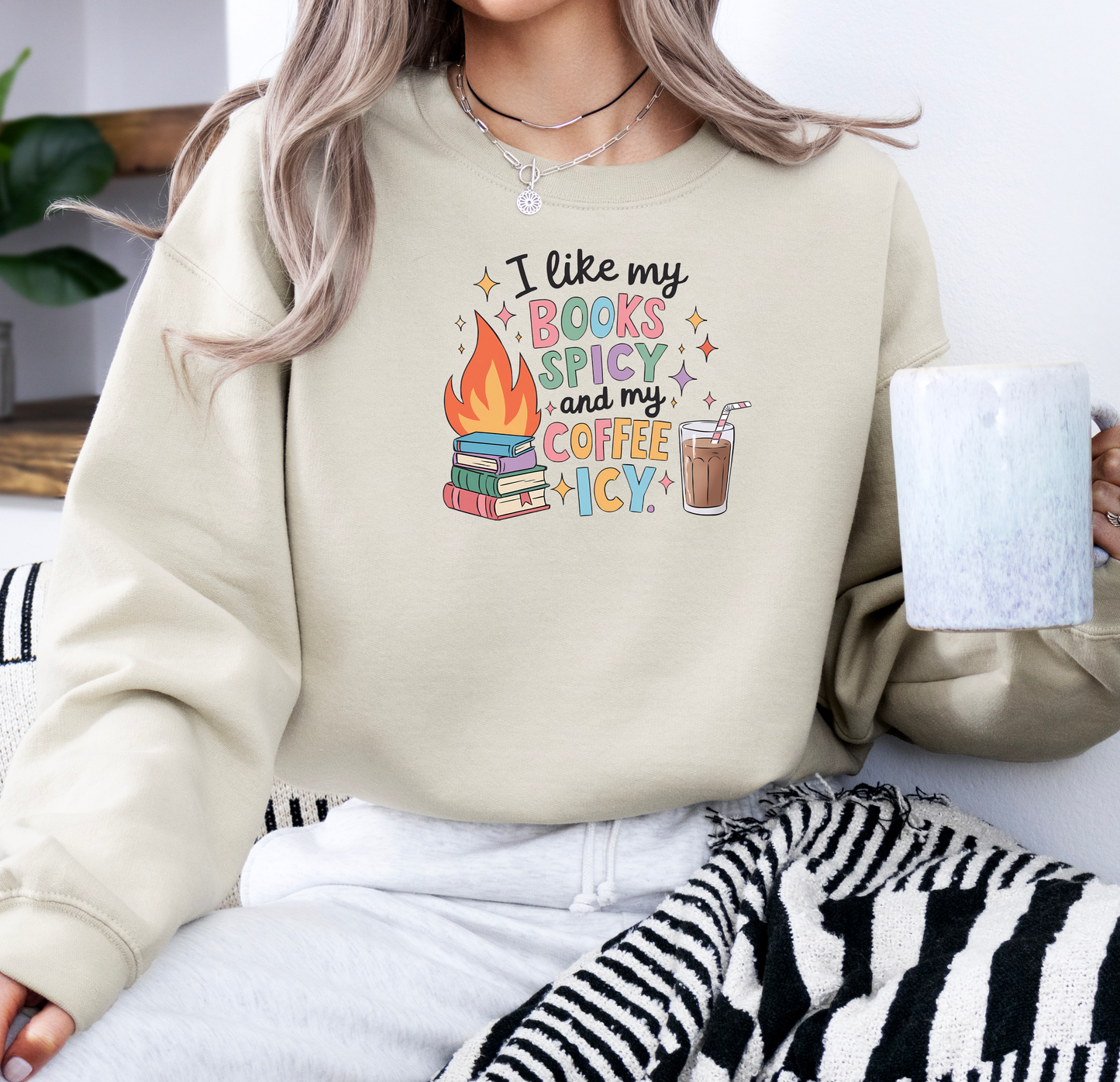 I Like My Books Spicy and My Coffee Icy | Gildan G180 Heavy Blend Fleece Crew with DTF Transfer Design