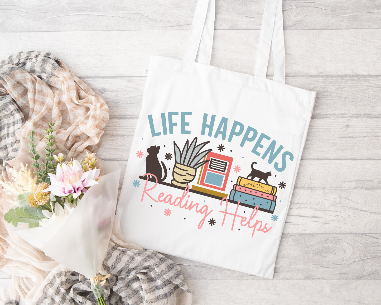 Life Happens Reading Helps Sublimated Tote Bag