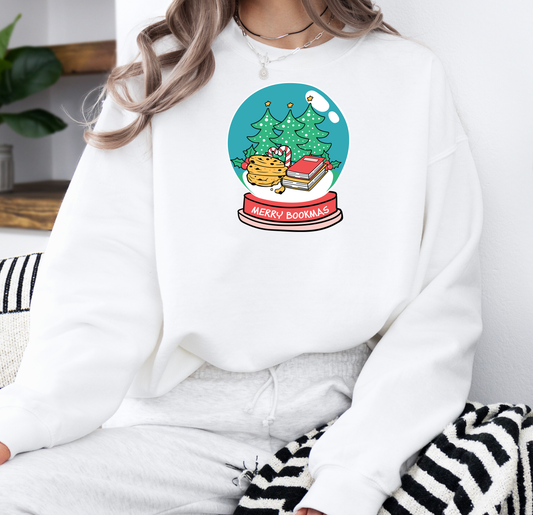 Merry Bookmas Snow Globe | Gildan G180 Heavy Blend Fleece Crew with DTF Transfer Design