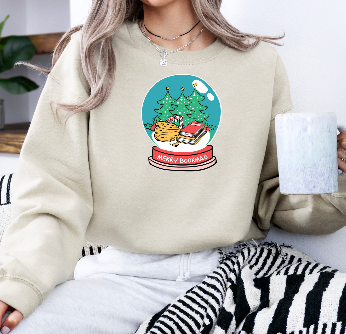 Merry Bookmas Snow Globe | Gildan G180 Heavy Blend Fleece Crew with DTF Transfer Design