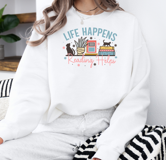 Life Happens Reading Helps| Gildan G180 Heavy Blend Fleece Crew with DTF Transfer Design