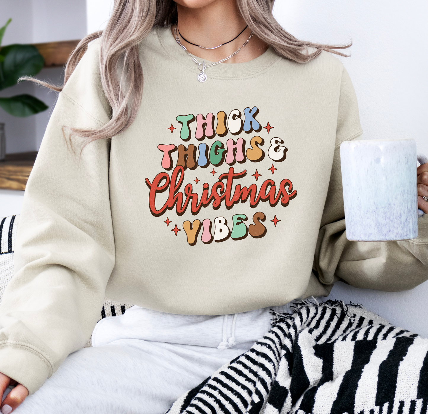 Thick Thighs and Christmas Vibes | Gildan G180 Heavy Blend Fleece Crew with DTF Transfer Design